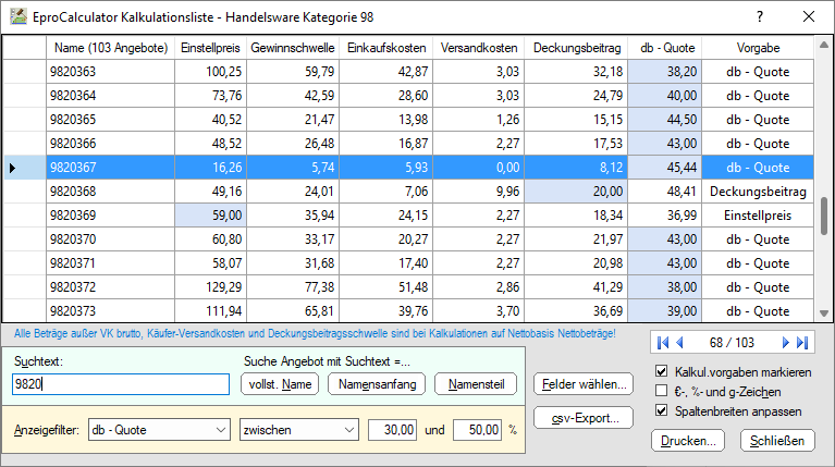 Kalkulationsliste mit wählbaren Anzeigefeldern