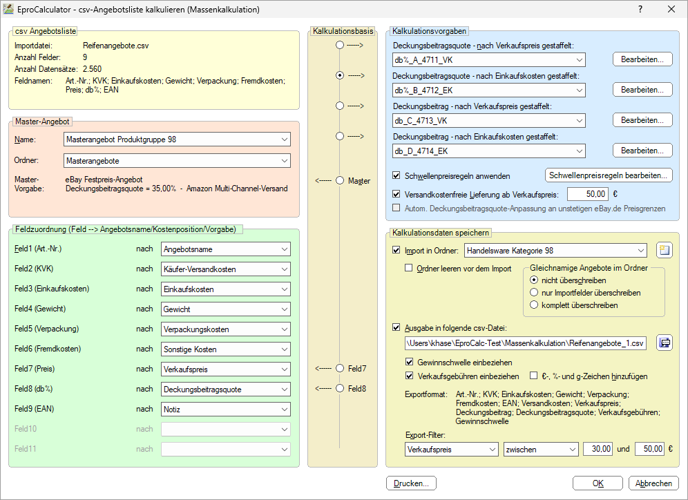 Dialogfenster 'csv-Angebotsliste kalkulieren'