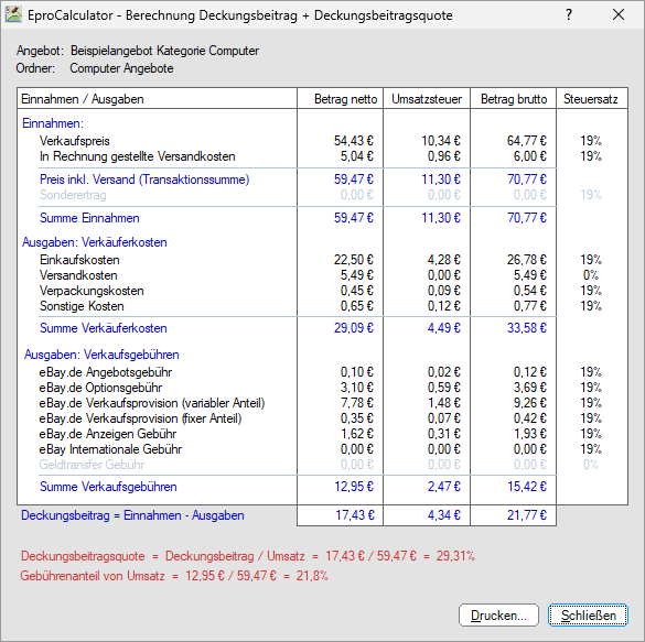 Tabellarische Anzeige am Beispiel einer eBay.de Kalkulation
