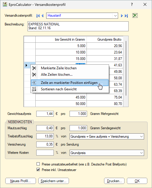 Versandkostenprofil im Editor