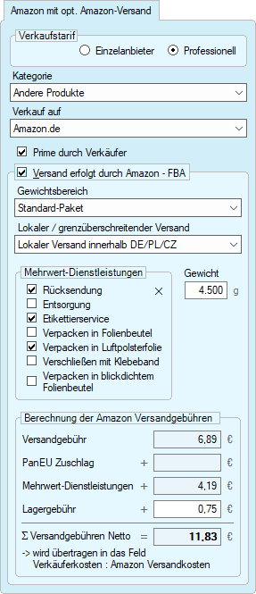 Menü für Amazon Angebotsoptionen inkl. FBA-Versandservice