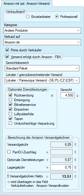 Menü für Amazon Angebotsoptionen inkl. FBA-Versandservice