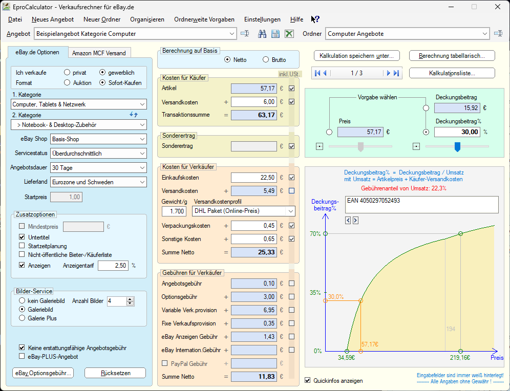 EproCalculator Hauptfenster (Beispielmit geöffnetem eBay.de Optionsmenü)